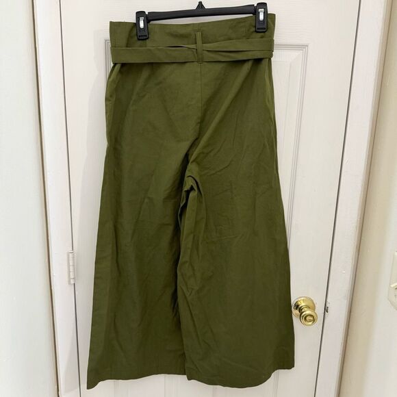 Iris & Ink Wide Leg Paperbag Pants Size 10 Green Made in Italy 100% Cotton - Picture 5 of 9